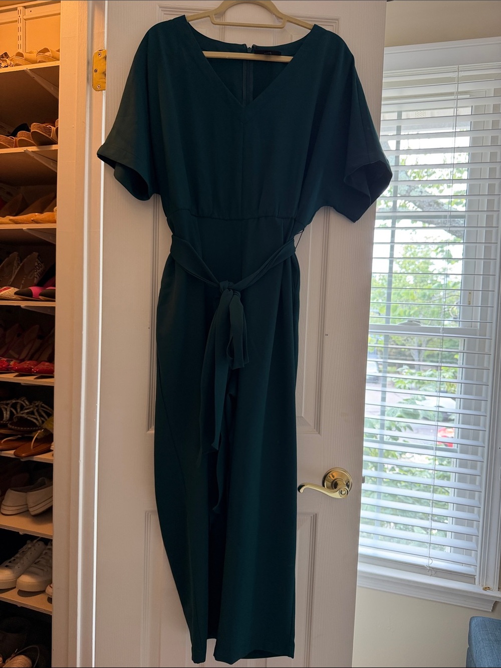 Women's Deep Green V-Neck Belted Jumpsuit